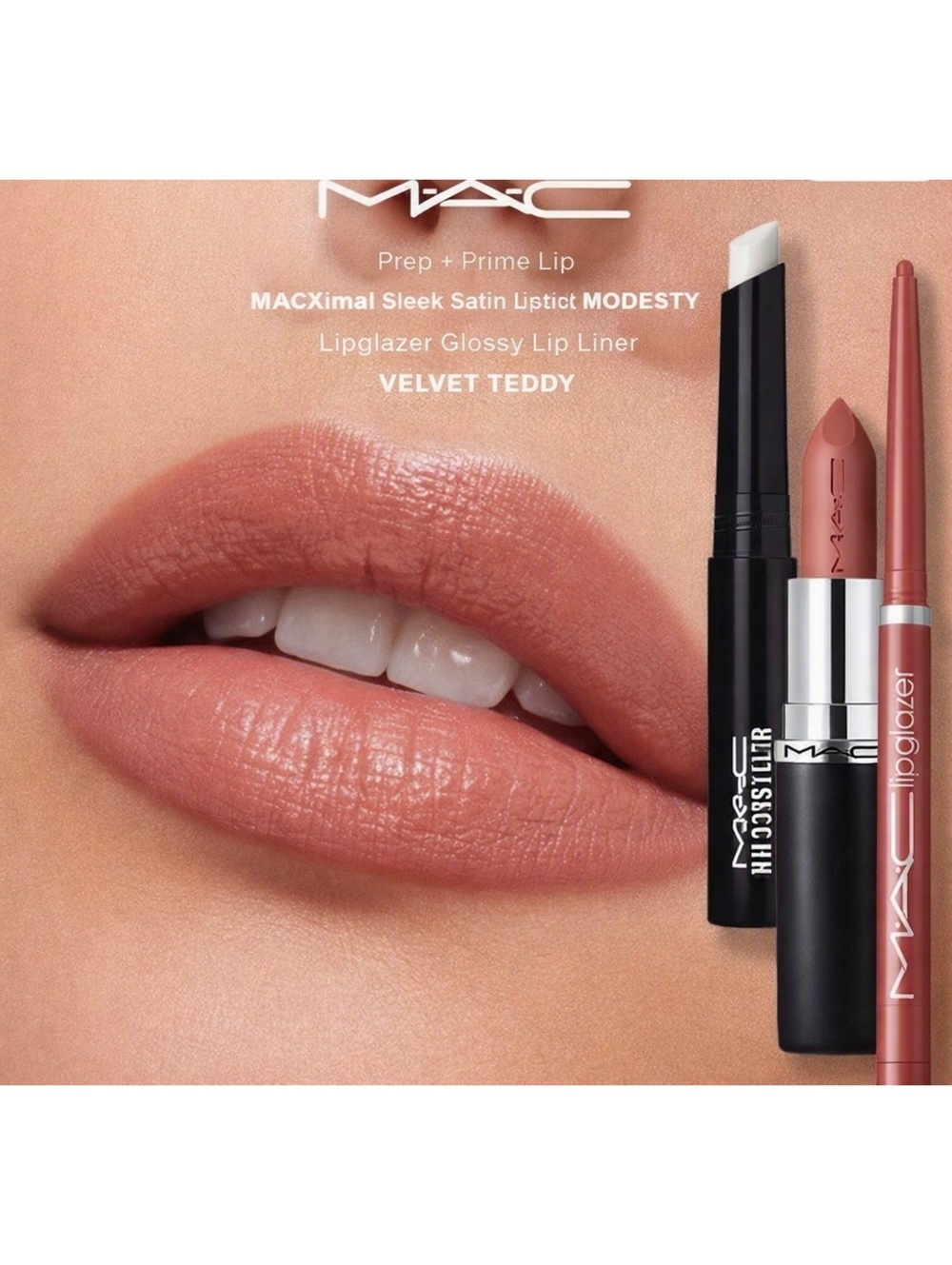 MAC 3 Pc Lip Combo - Prep & Prime, Modesty Lipstick & Velvet Teddy Glossy Liner - Picture 2 of 9